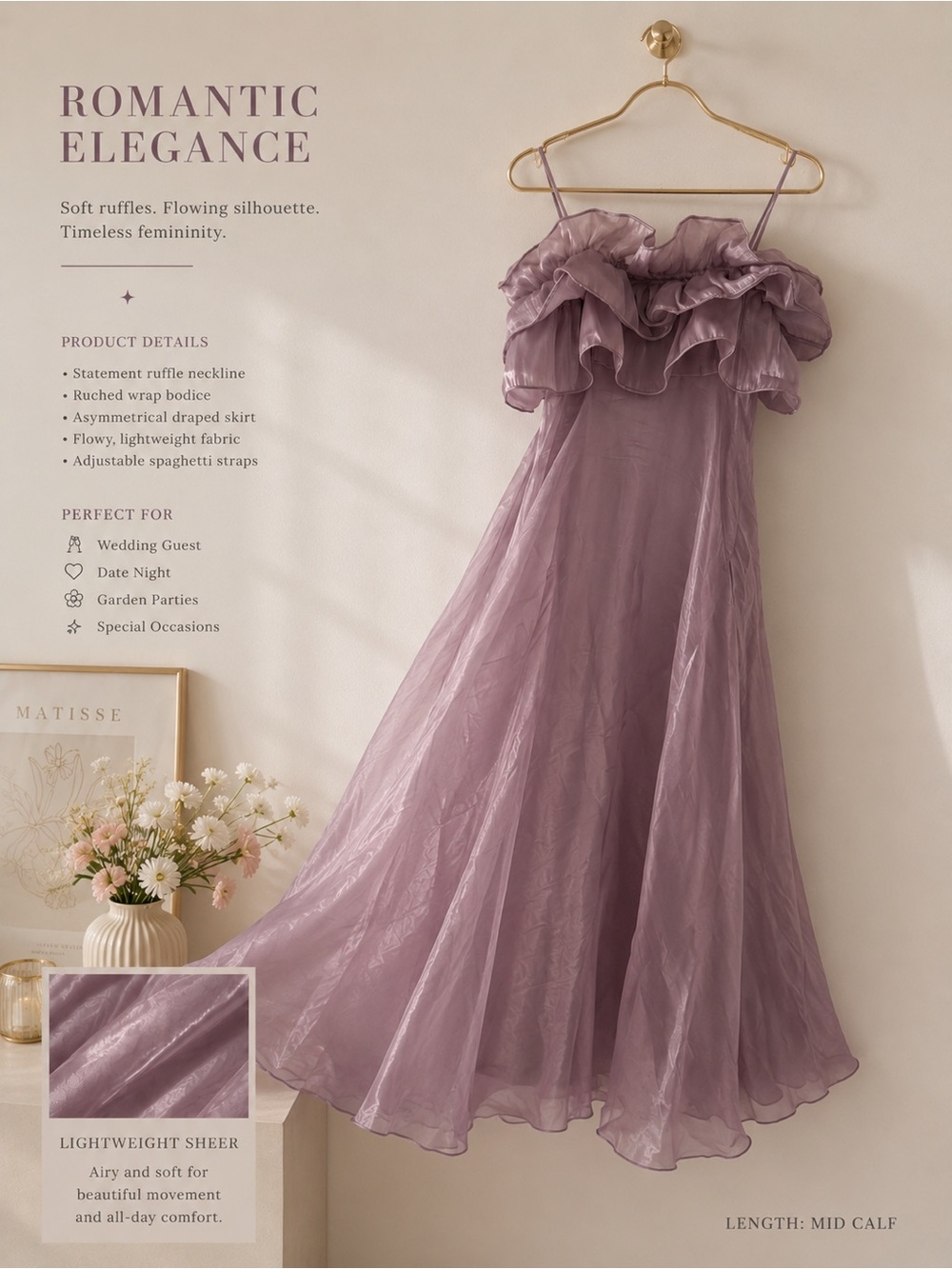 Romantic Elegance Mauve/Dusty Lavender Organza Ruffle Midi Dress (prom) xs/s